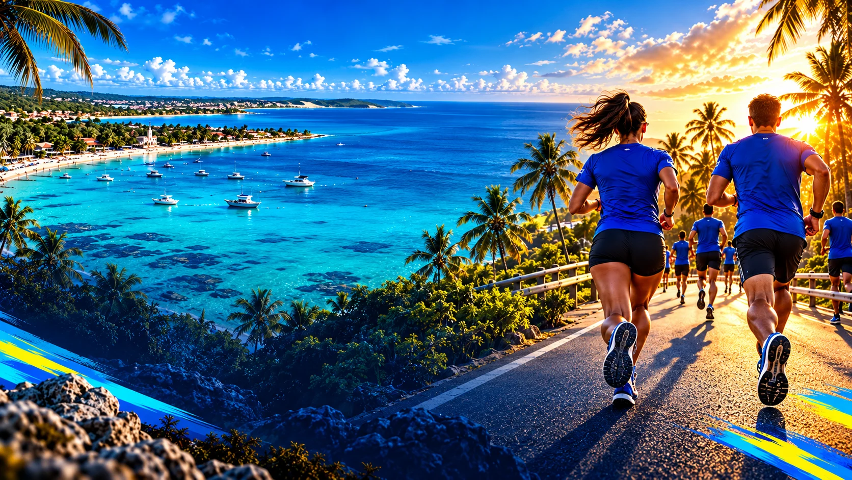 Corredores de azul em percurso tropical com mar turquesa, coqueiros e luz do amanhecer, imagem ilustrativa