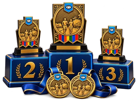 Ilustração 3D de pódio azul com troféus dourados e medalhas, inspirada nos materiais do circuito